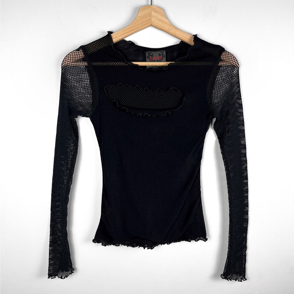 Vintage Raven Gothic Black Mesh Cutout Fishnet Sleeve Top Rave Y2K Euro Goth